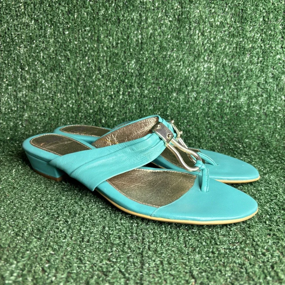 Sofft Leather‎ Hardware Low Wedge Slip On Thong Sandals Turquoise Womens Size 10